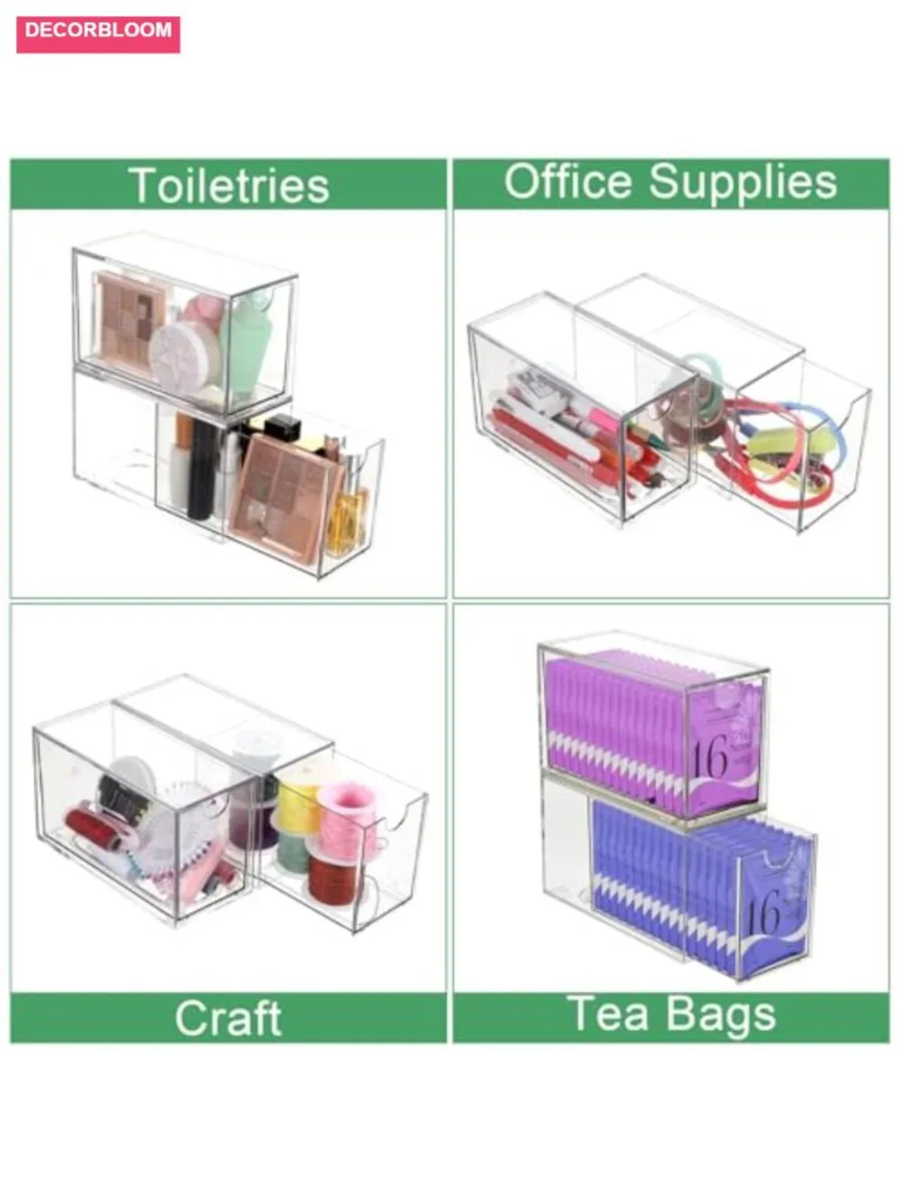 2 Pack Clear Plastic Drawer Organizer for Tea Bags, Stackable Storage, Kitchen